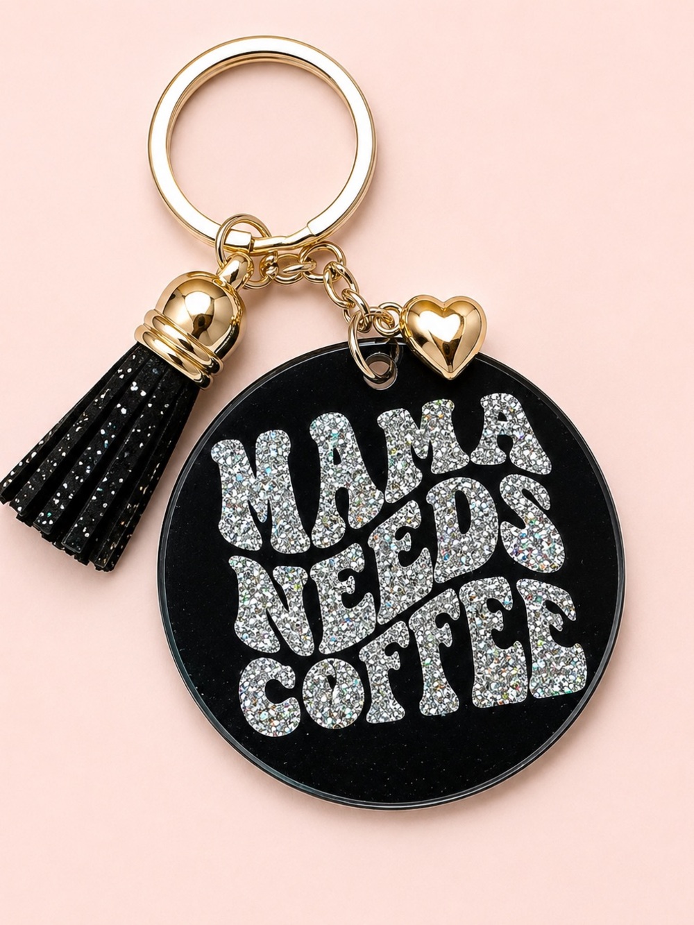 Glitter 'Mama Needs Coffee' Black Keychain with tassel and charm